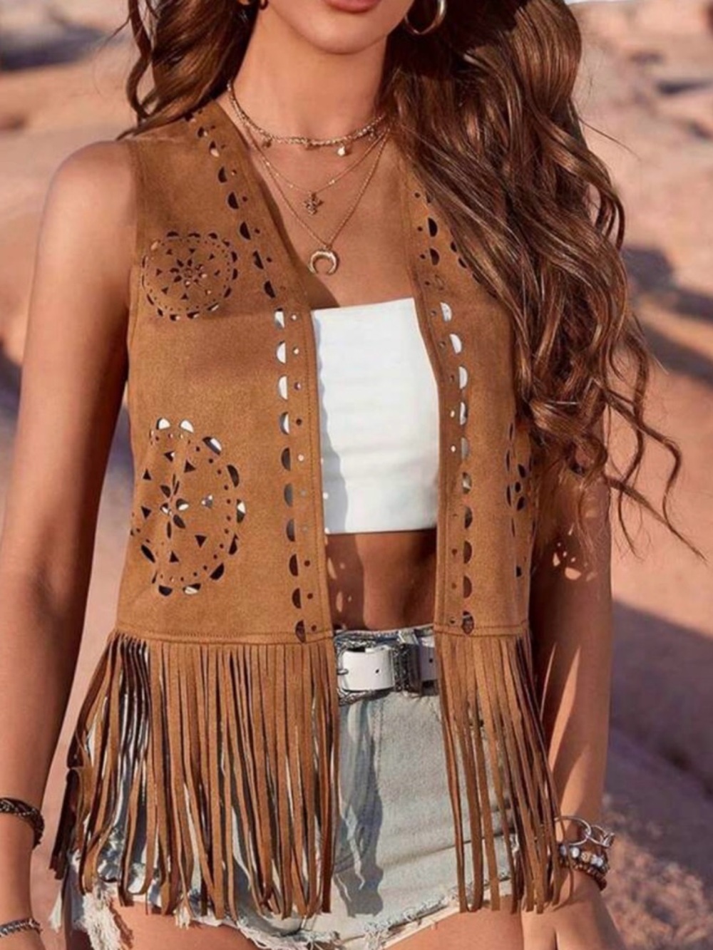 Fringed Suede-Look Laser Cut Vest - Brown Size medium and Large